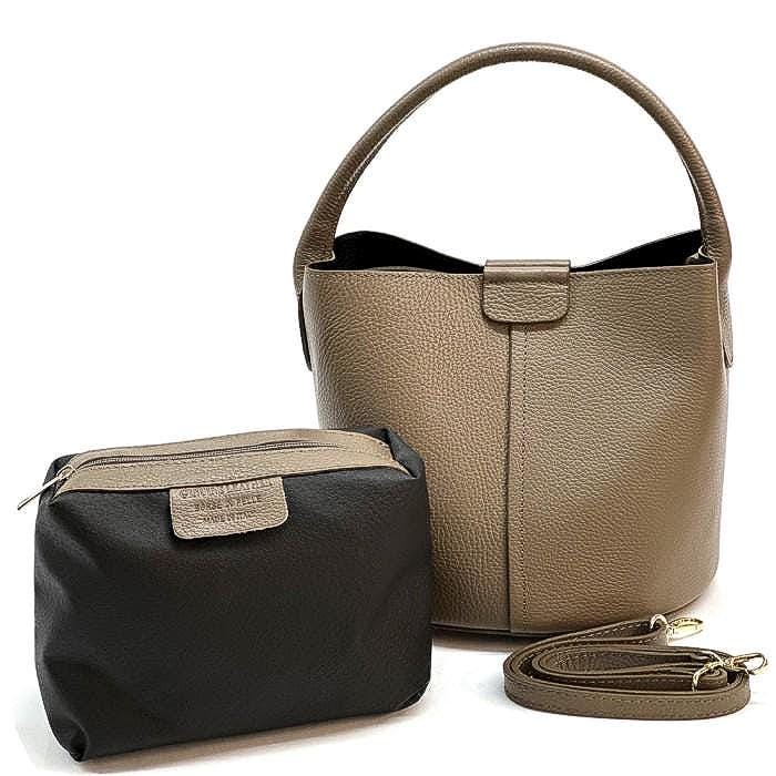 Full Grain Leather Bucket Tote in Taupe with Pochette, Handmade in Italy, Free Shipping to USA.