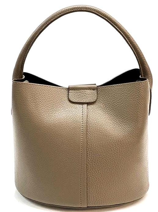 Full Grain Leather Bucket Tote in Taupe with Pochette, Handmade in Italy, Free Shipping to USA.