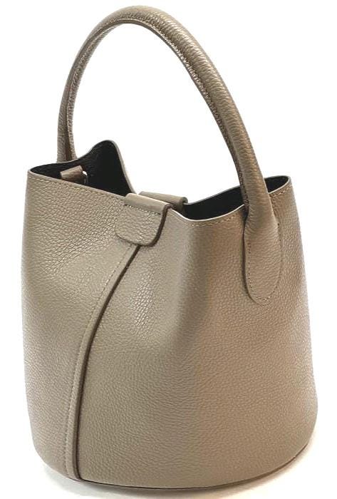Full Grain Leather Bucket Tote in Taupe with Pochette, Handmade in Italy, Free Shipping to USA.