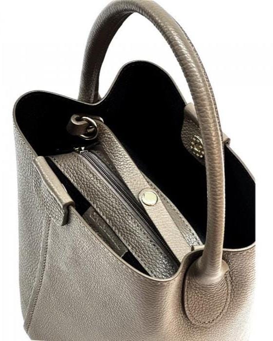 Full Grain Leather Bucket Tote in Taupe with Pochette, Handmade in Italy, Free Shipping to USA.
