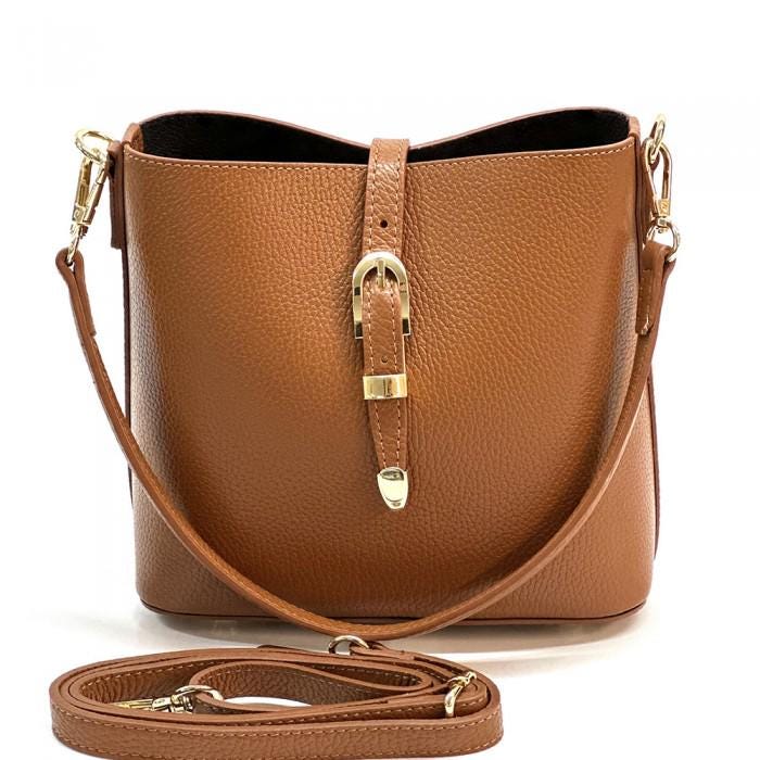 Handmade Italian Leather Bucket Bag: Tan Pebbled Full-Grain