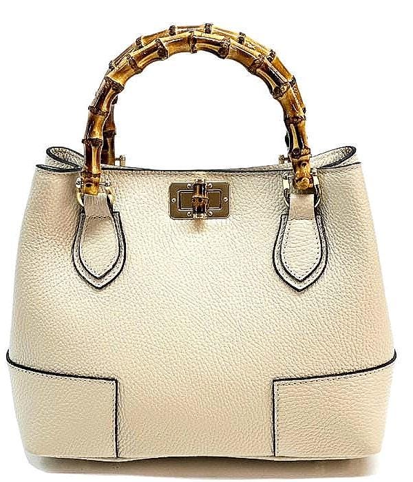Leather Tote with Natural Bambo Handles (small) Handcrafted in Italy, Free Shipping