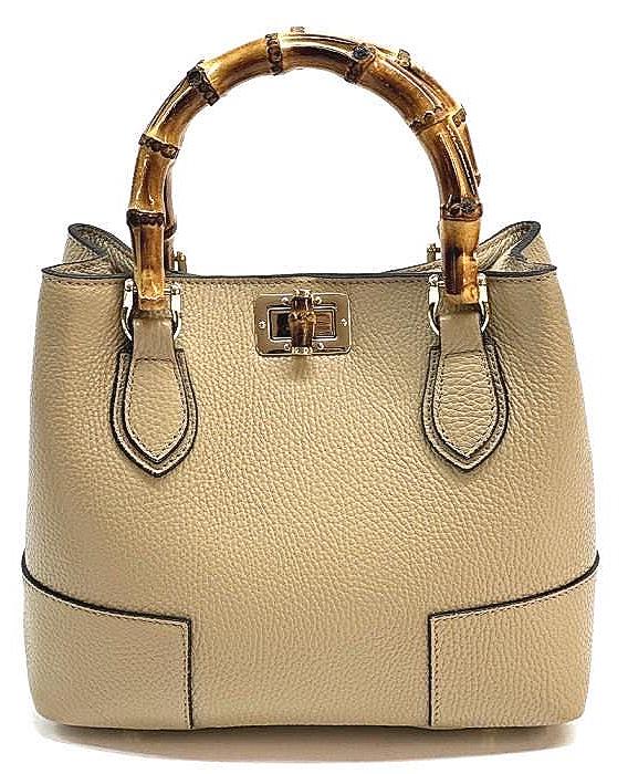 Leather Tote with Natural Bambo Handles (small) Handcrafted in Italy, Free Shipping