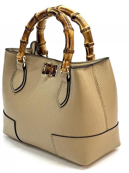 Leather Tote with Natural Bambo Handles (small) Handcrafted in Italy, Free Shipping