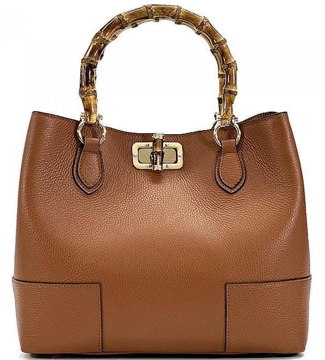 Leather Tote with Natural Bambo Handles (small) Handcrafted in Italy, Free Shipping