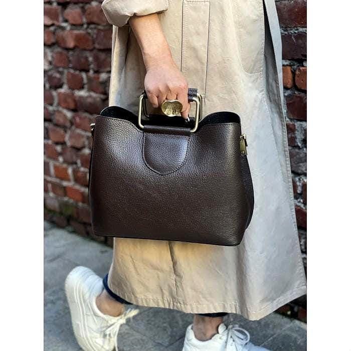 Pebbled Leather Tote Bag: Italian Shoulder Bag with Metal Handles