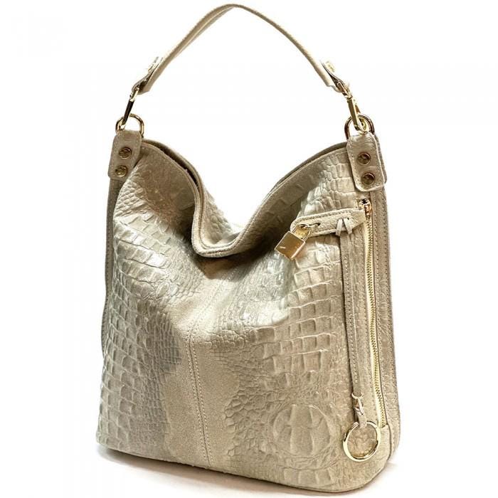 Embossed Suede and Leather Hobo Bag, Handmade in Italy, Free Shipping