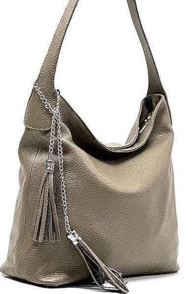 Taupe, Pebbled Soft Leather Shoulder Bag Handmade in Italy Free Shipping
