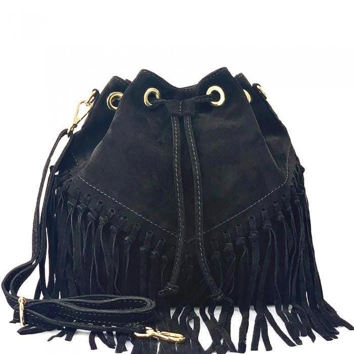 Groovy Fringed Suede Drawstring Sack, Handmade in Italy, Free Shipping