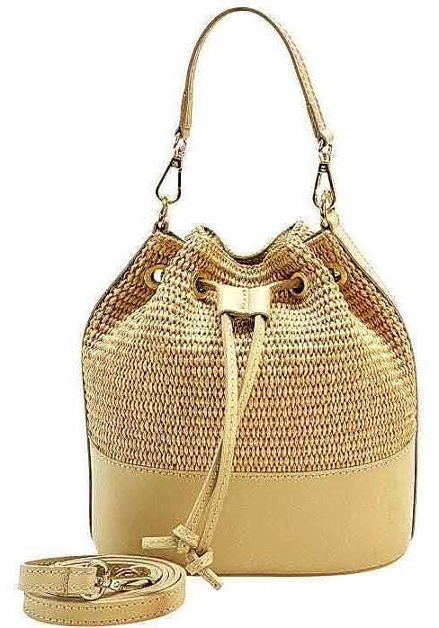 Raffia and Leather, Drawstring Bucket Bag for Spring and Summer,  Handmade in Italy,  Free Shipping