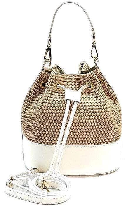 Raffia and Leather, Drawstring Bucket Bag for Spring and Summer,  Handmade in Italy,  Free Shipping