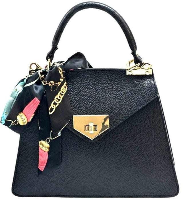 Classic Flap Design Tote in Pebbled Italian Leather, with Detachable Silk Scarf. Handmade in Florence, Italy. Free Shipping to the US.