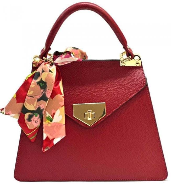 Classic Flap Design Tote in Pebbled Italian Leather, with Detachable Silk Scarf. Handmade in Florence, Italy. Free Shipping to the US.