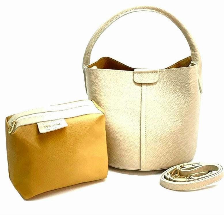 Butter Cream Bucket Bag, Pebbled Leather with Pochete, Made in Italy,  Free Shipping,