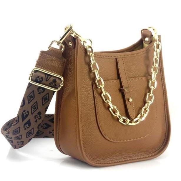 Full Grain Pebbled Shoulder Bag with Chain Detail and Adjustable Strap, Made in Italy, Free Shipping