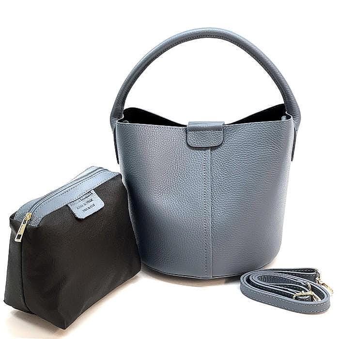 Stone Blue Leather Bucket Bag with Pochette - Handmade in Italy