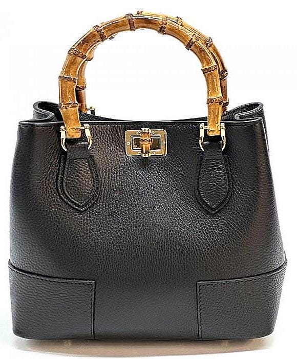 Handcrafted Italian Leather Tote with Natural Bamboo Handles