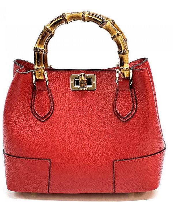 Leather Tote with Natural Bambo Handles (small) Handcrafted in Italy, Free Shipping