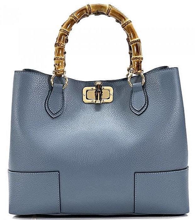 Leather Tote with Natural Bambo Handles (small) Handcrafted in Italy, Free Shipping