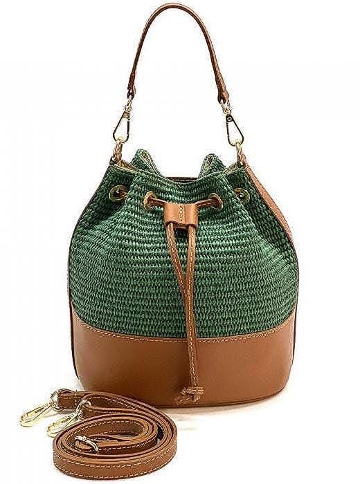 Raffia and Leather, Drawstring Bucket Bag for Spring and Summer,  Handmade in Italy,  Free Shipping