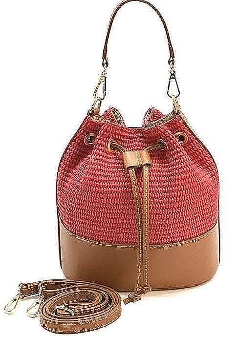 Raffia and Leather, Drawstring Bucket Bag for Spring and Summer,  Handmade in Italy,  Free Shipping