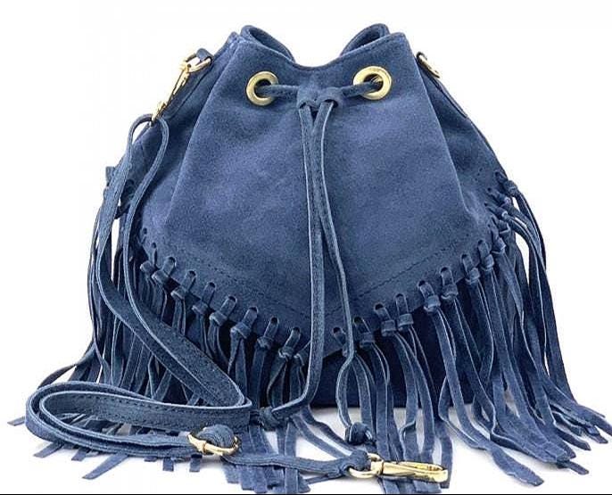 Groovy Fringed Suede Drawstring Sack, Handmade in Italy, Free Shipping