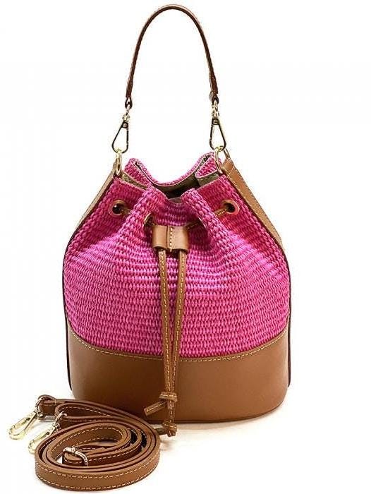 Raffia and Leather, Drawstring Bucket Bag for Spring and Summer,  Handmade in Italy,  Free Shipping