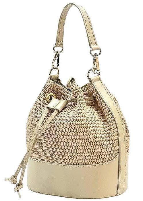Raffia and Leather, Drawstring Bucket Bag for Spring and Summer,  Handmade in Italy,  Free Shipping