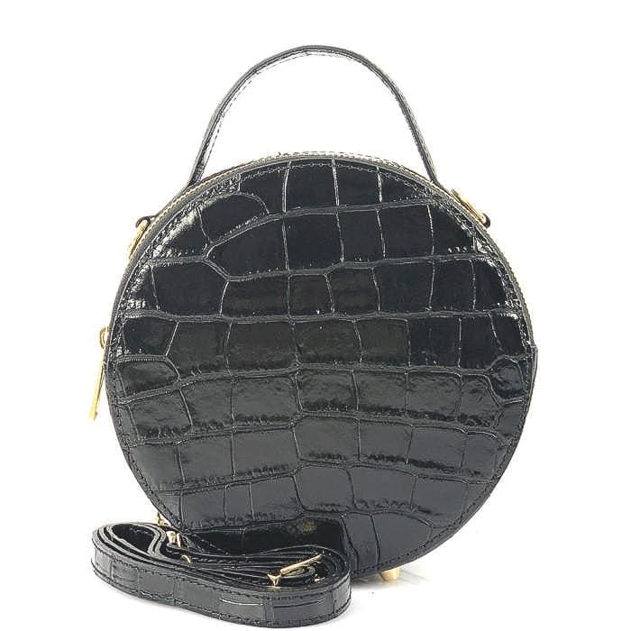Unique, round-shaped mini handbag in Black stamped Italian Leather. Free Shipping