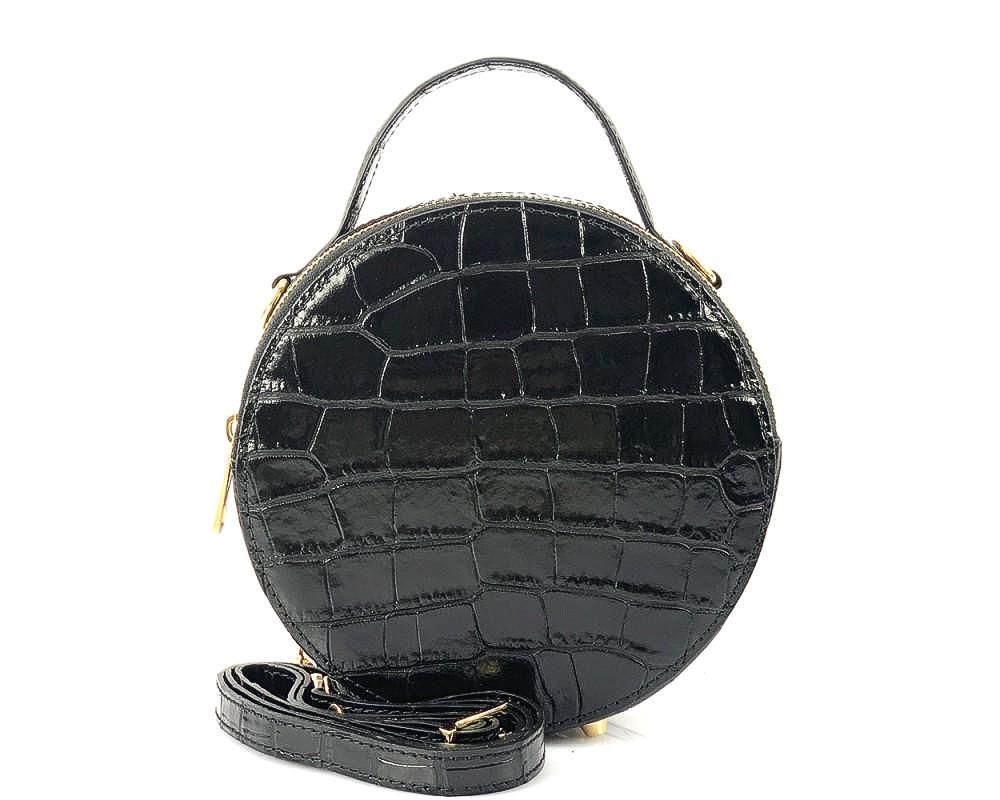 Unique, round-shaped mini handbag in Black stamped Italian Leather. Free Shipping