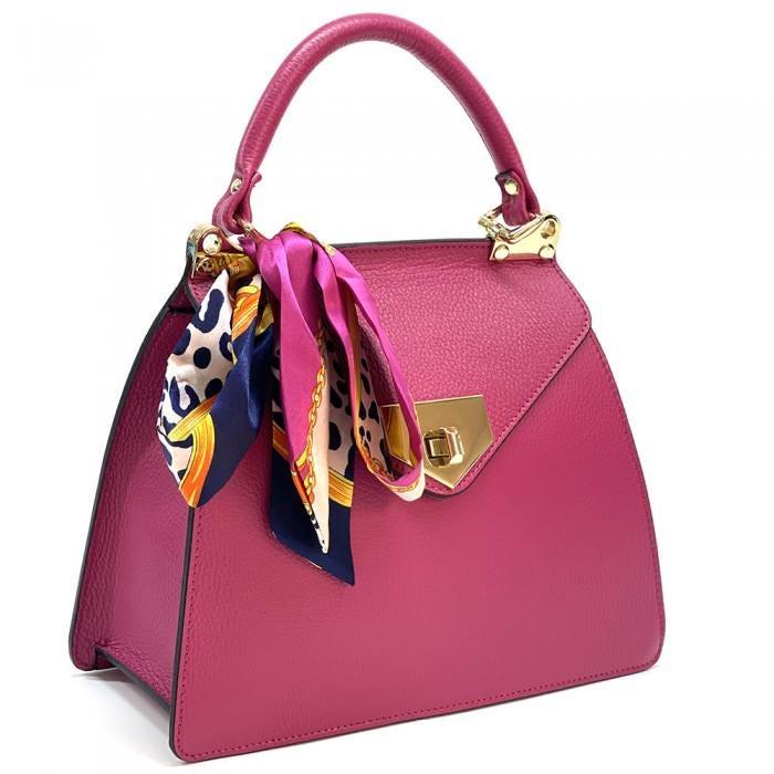 Classic Flap Design Tote in Pebbled Italian Leather, with Detachable Silk Scarf. Handmade in Florence, Italy. Free Shipping to the US.