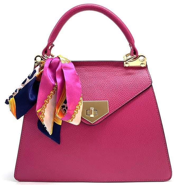 Classic Flap Design Tote in Pebbled Italian Leather, with Detachable Silk Scarf. Handmade in Florence, Italy. Free Shipping to the US.