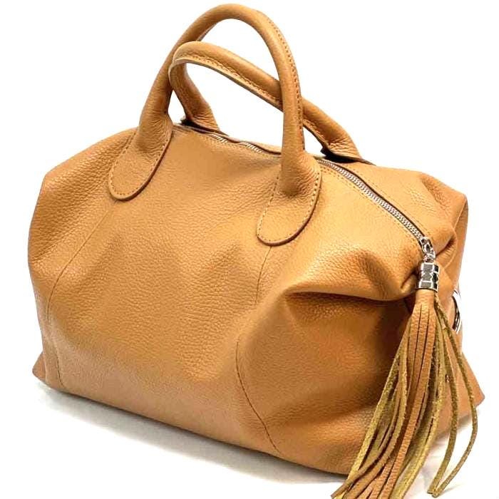 Handmade Italian Pebbled Leather Top Handle Bag - Camel
