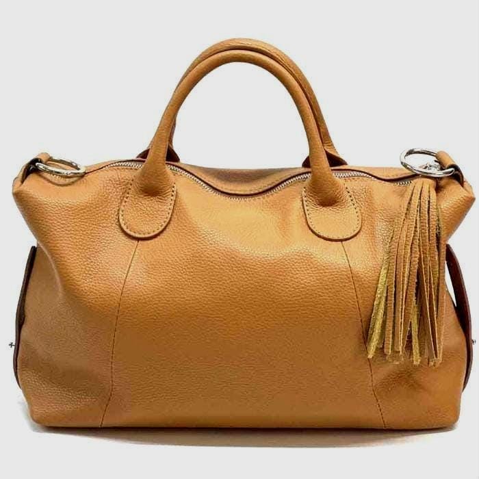 Handmade Italian Pebbled Leather Top Handle Bag - Camel