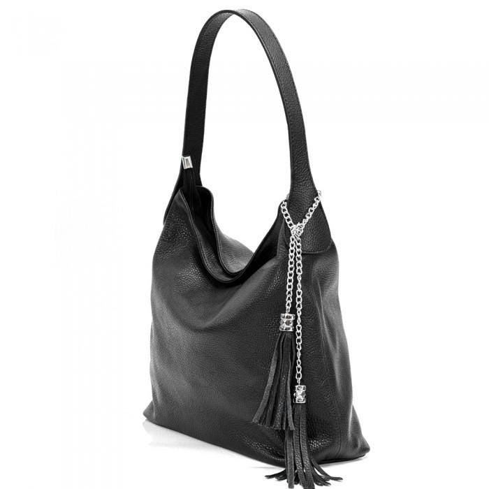 Slouchy Calfskin Leather Shoulder Bag: Handmade Italian Tassel Bag