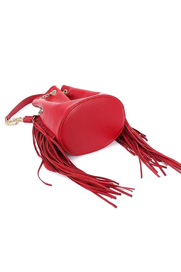 Bucket Bag with Fringe in Red, Black, and Teal