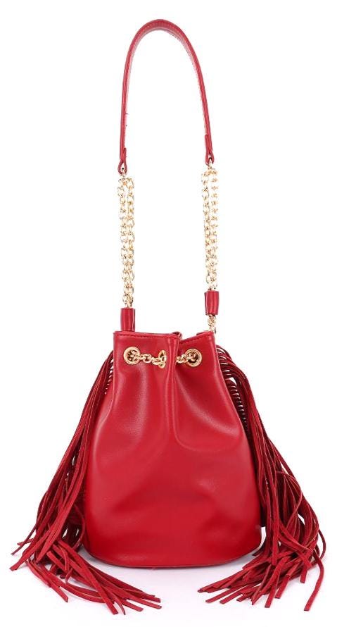 Bucket Bag with Fringe in Red, Black, and Teal