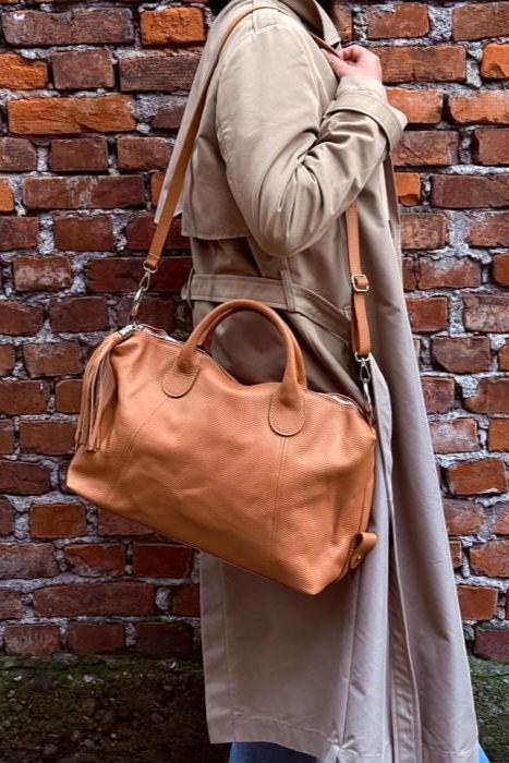 Handmade Italian Pebbled Leather Top Handle Bag - Camel