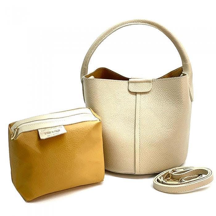 Italian Leather Bucket Bag: Butter Cream Pebbled Leather, Handmade Pochette