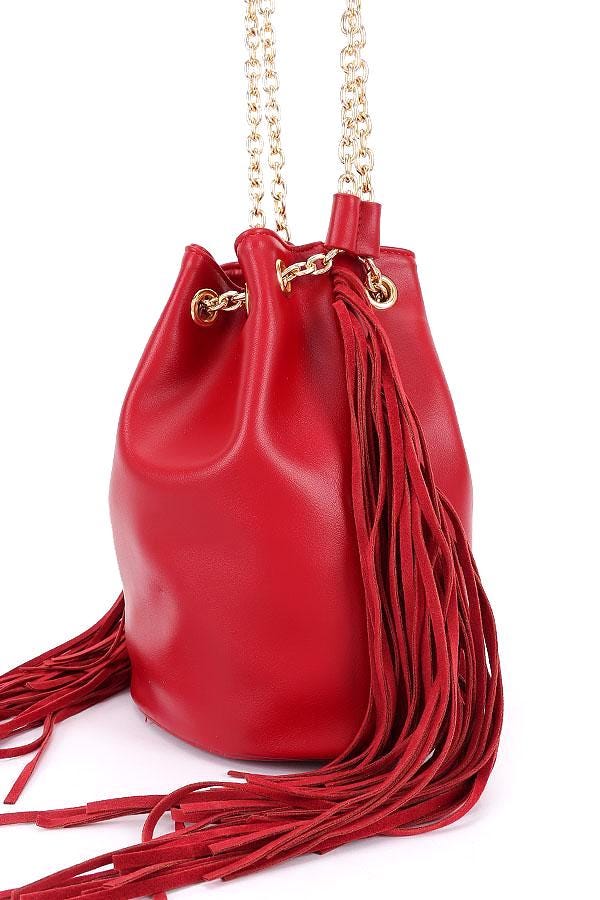 Bucket Bag with Fringe in Red, Black, and Teal