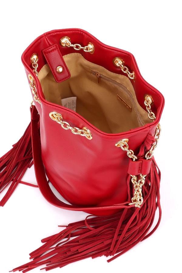 Bucket Bag with Fringe in Red, Black, and Teal