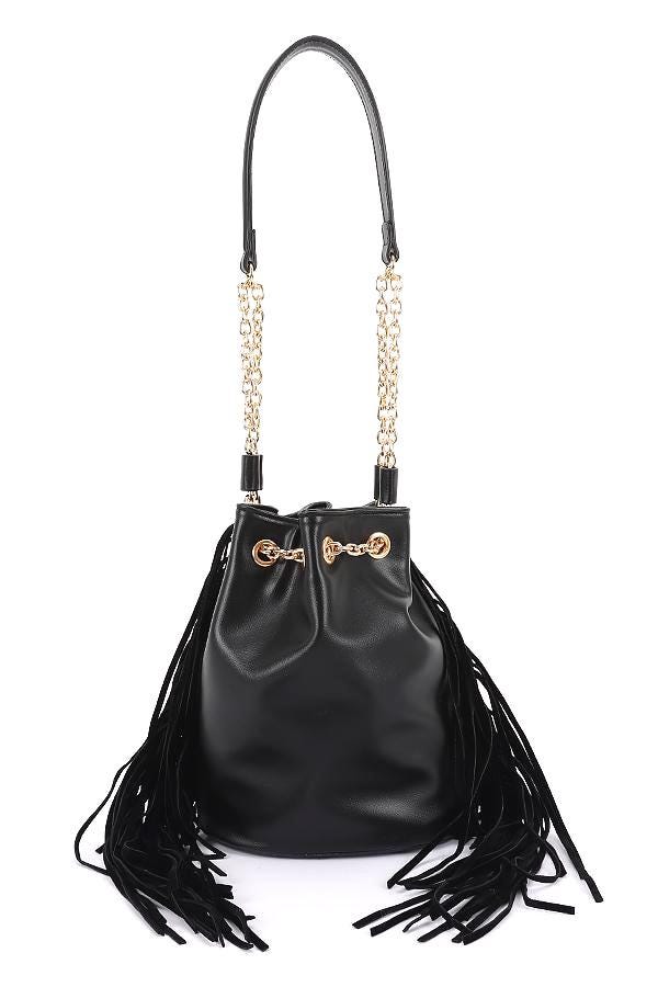 Bucket Bag with Fringe in Red, Black, and Teal