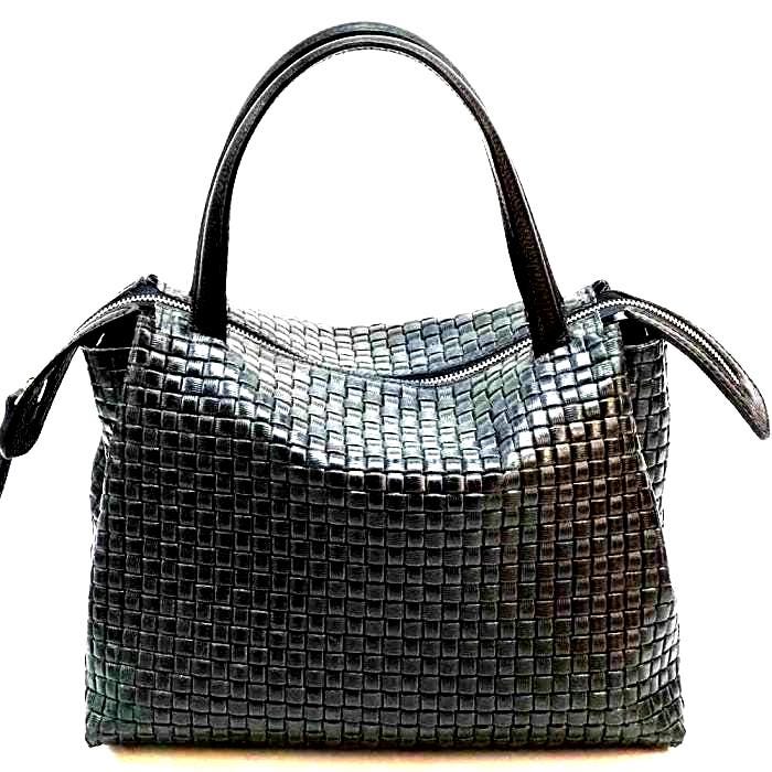 Stamped Woven Leather Boston Bag: Handcrafted Italian Cowhide