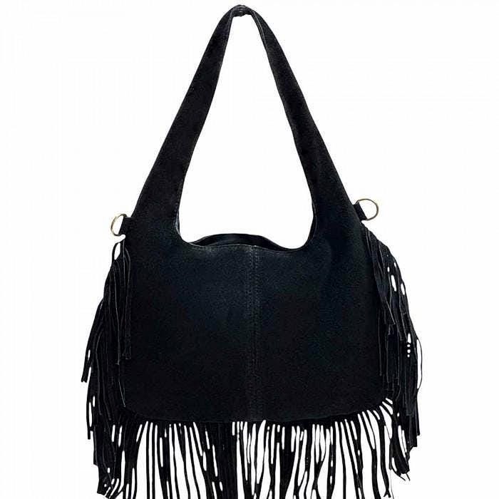 Suede Fringe Crossbody Bag: Handmade Italian Boho Shoulder Bag
