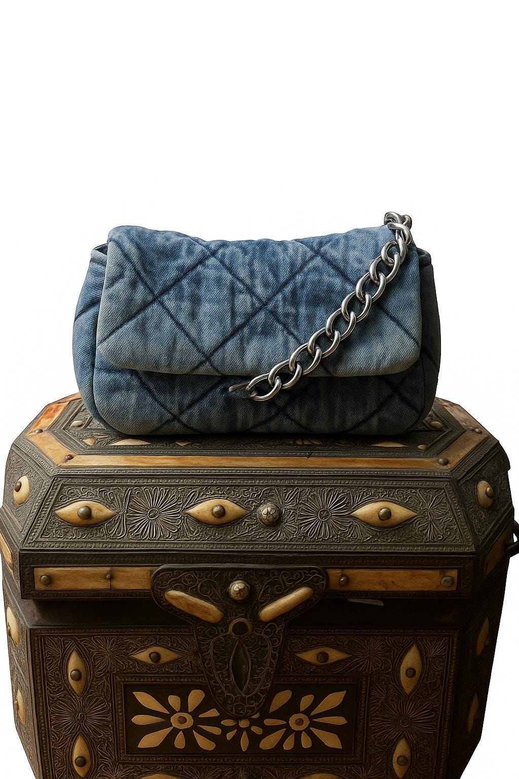 Denim Chic Quilted Shoulder Bag With Chain Strap - Designer Inspired