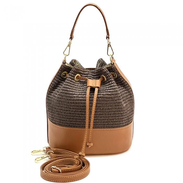 Raffia & Leather Bucket Bag: Handmade Italian Drawstring Shoulder Bag