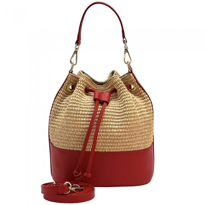 Raffia & Leather Bucket Bag: Handmade Italian Drawstring Shoulder Bag