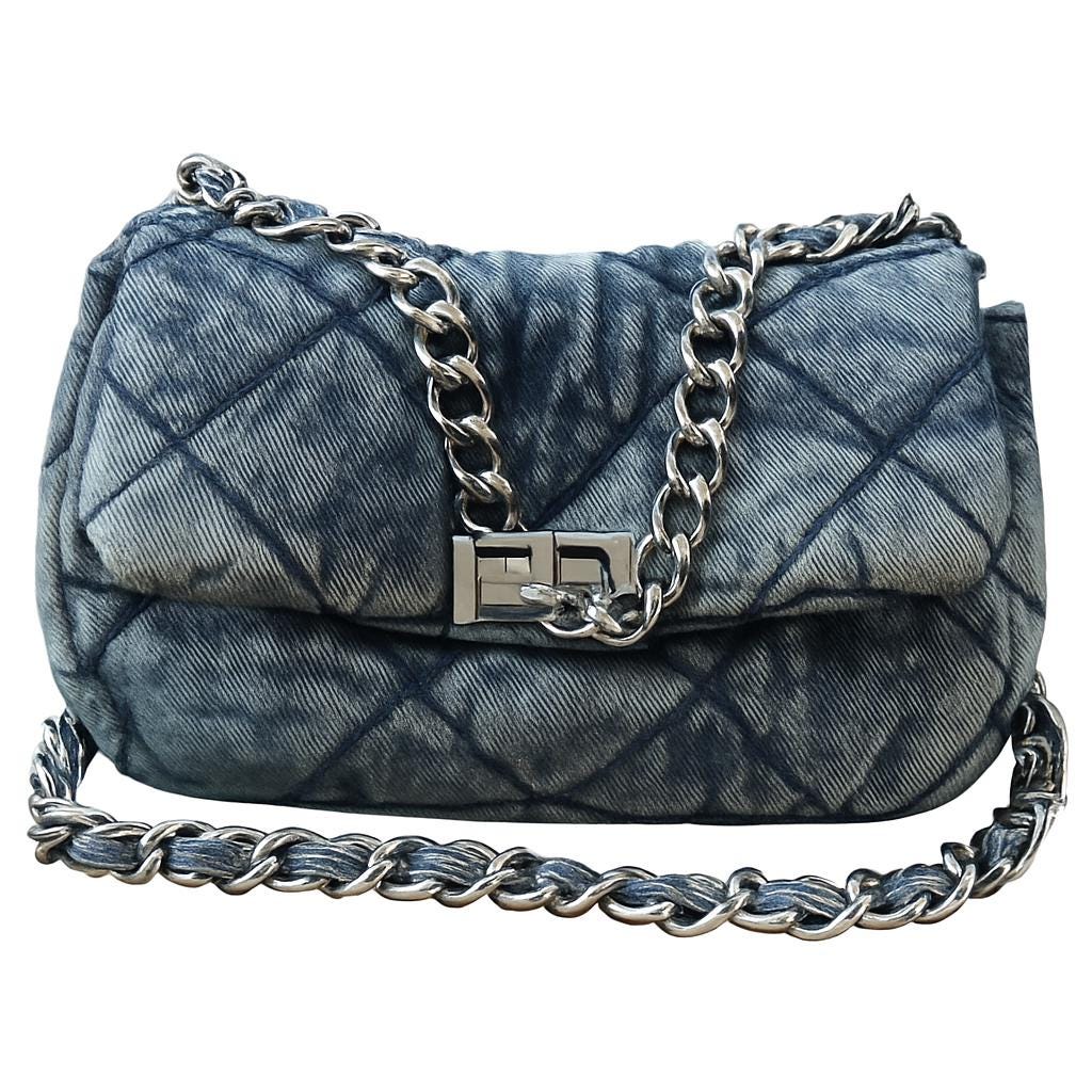 Denim Chic Quilted Shoulder Bag With Chain Strap - Designer Inspired