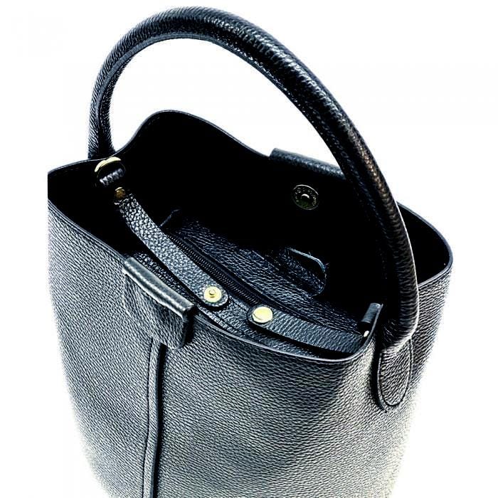Black Leather Bucket Bag with Pouch: Handmade Italian Shoulder Bag