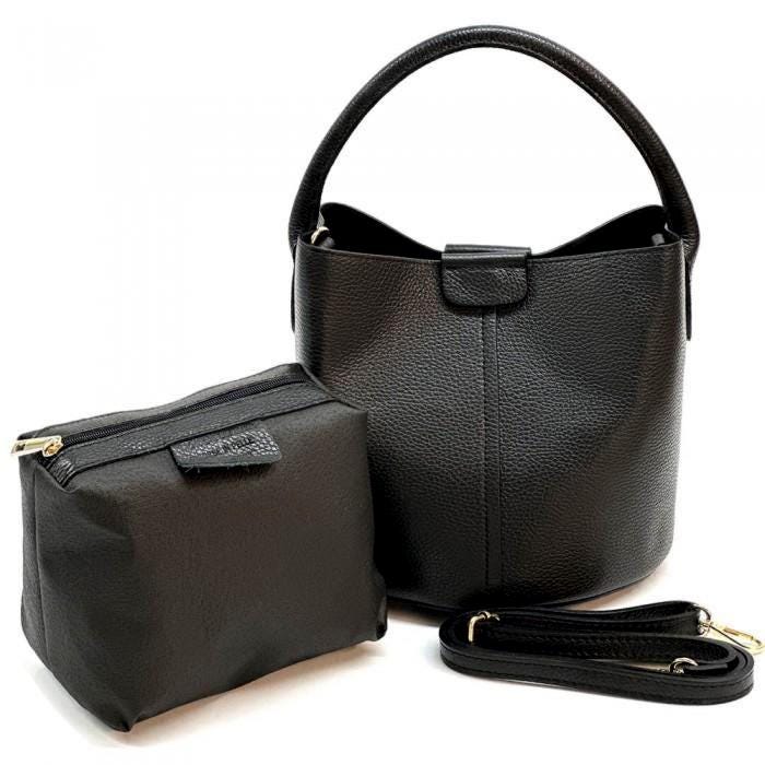 Black Leather Bucket Bag with Pouch: Handmade Italian Shoulder Bag